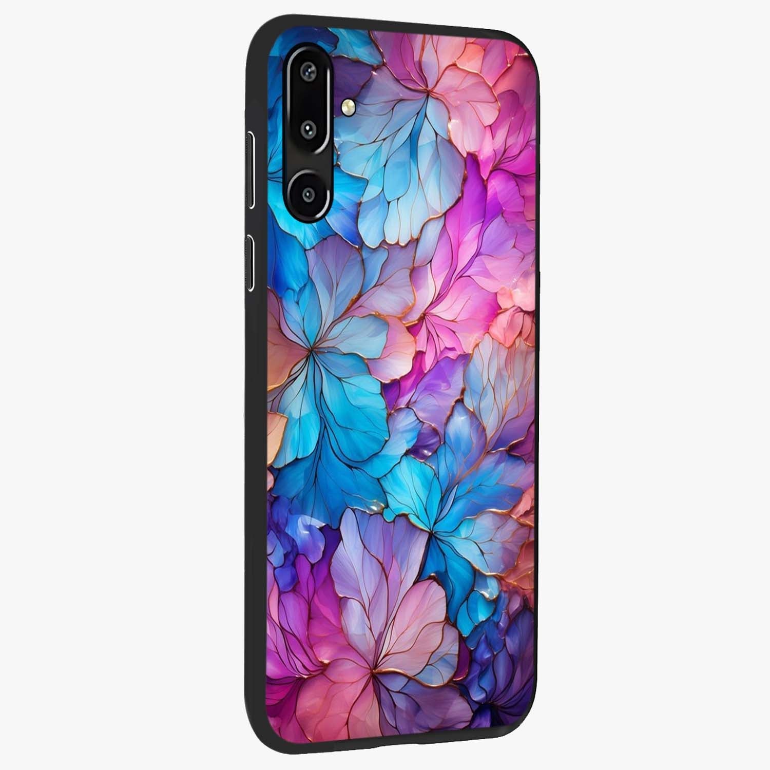 Radiant Floral Whirl Glass Case upright view showcasing lively floral artwork with decorative swirl theme.