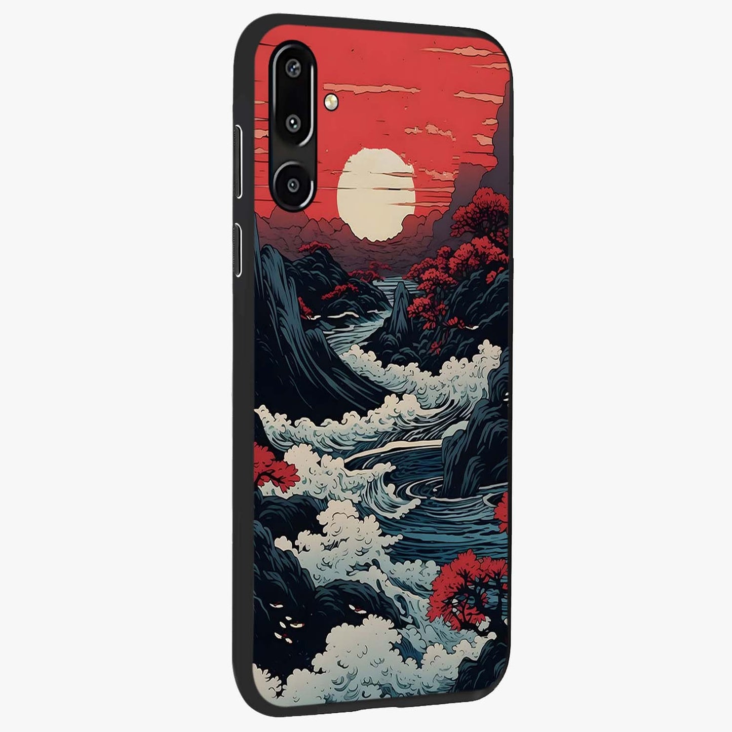 Red Sunset Scenery Glass Case upright view showcasing dramatic sunset scenery artwork with warm nature theme.