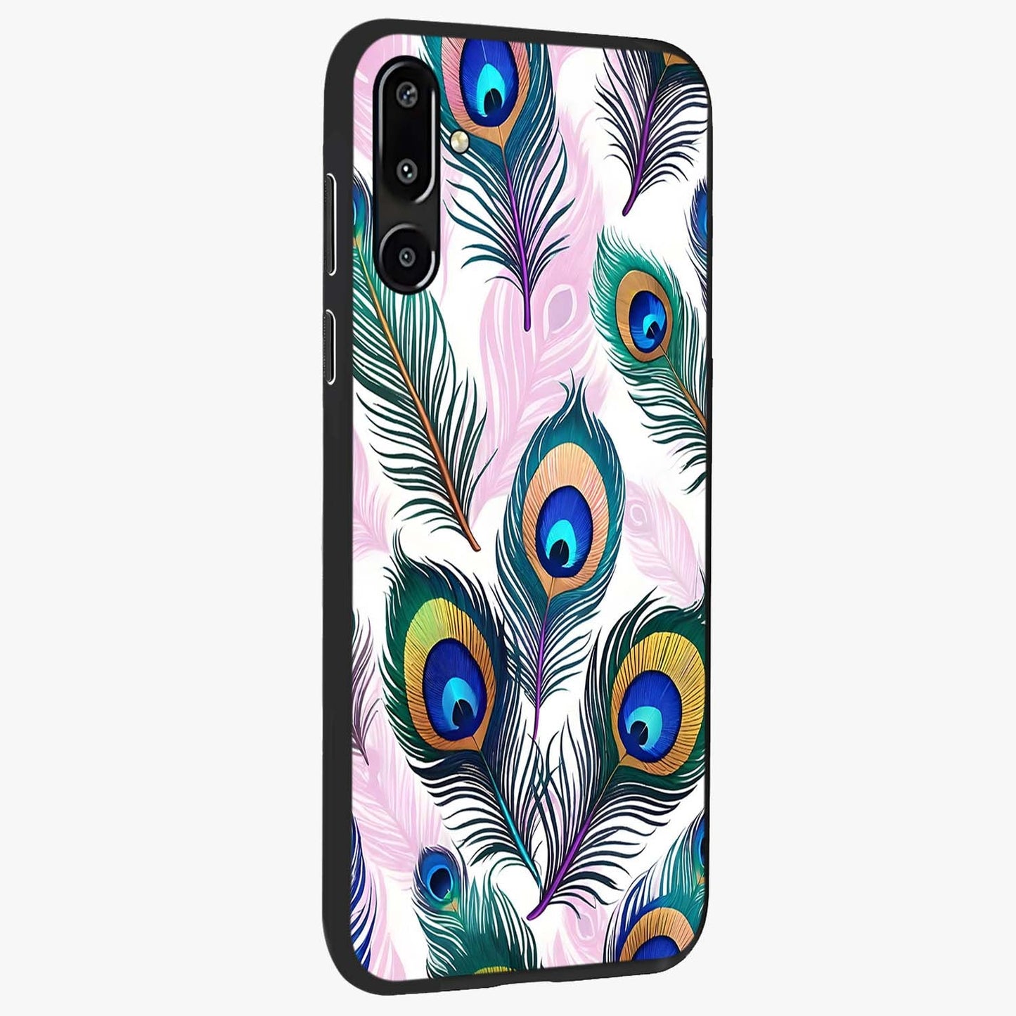 Royal Peacock Feathers Glass Case upright view showcasing elegant peacock feather artwork with decorative royal theme.