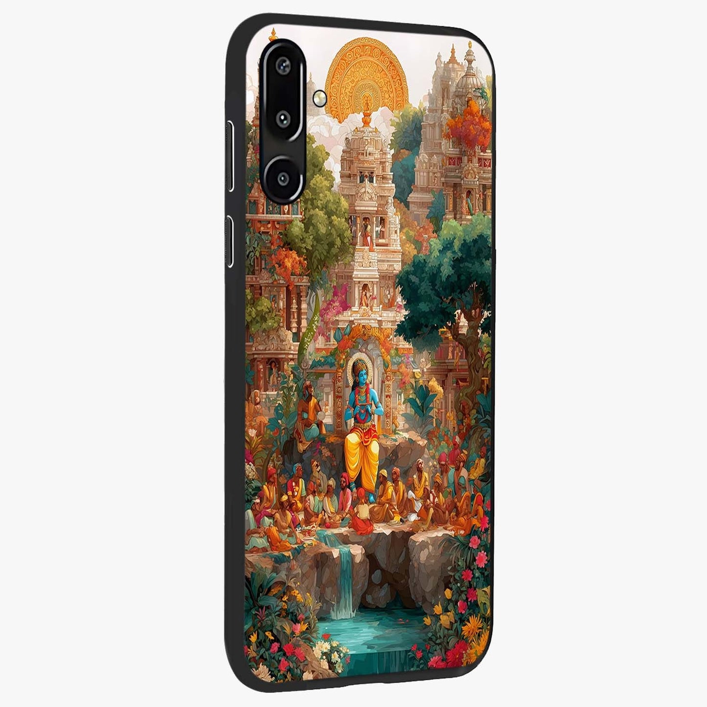 Sacred Sunlight Gods Glass Case upright view showcasing glowing divine artwork with sacred mythological theme.
