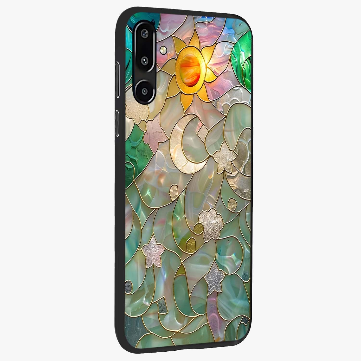 Stained Sunrise Glow Glass Case upright view showcasing colorful sunrise artwork with warm morning theme.