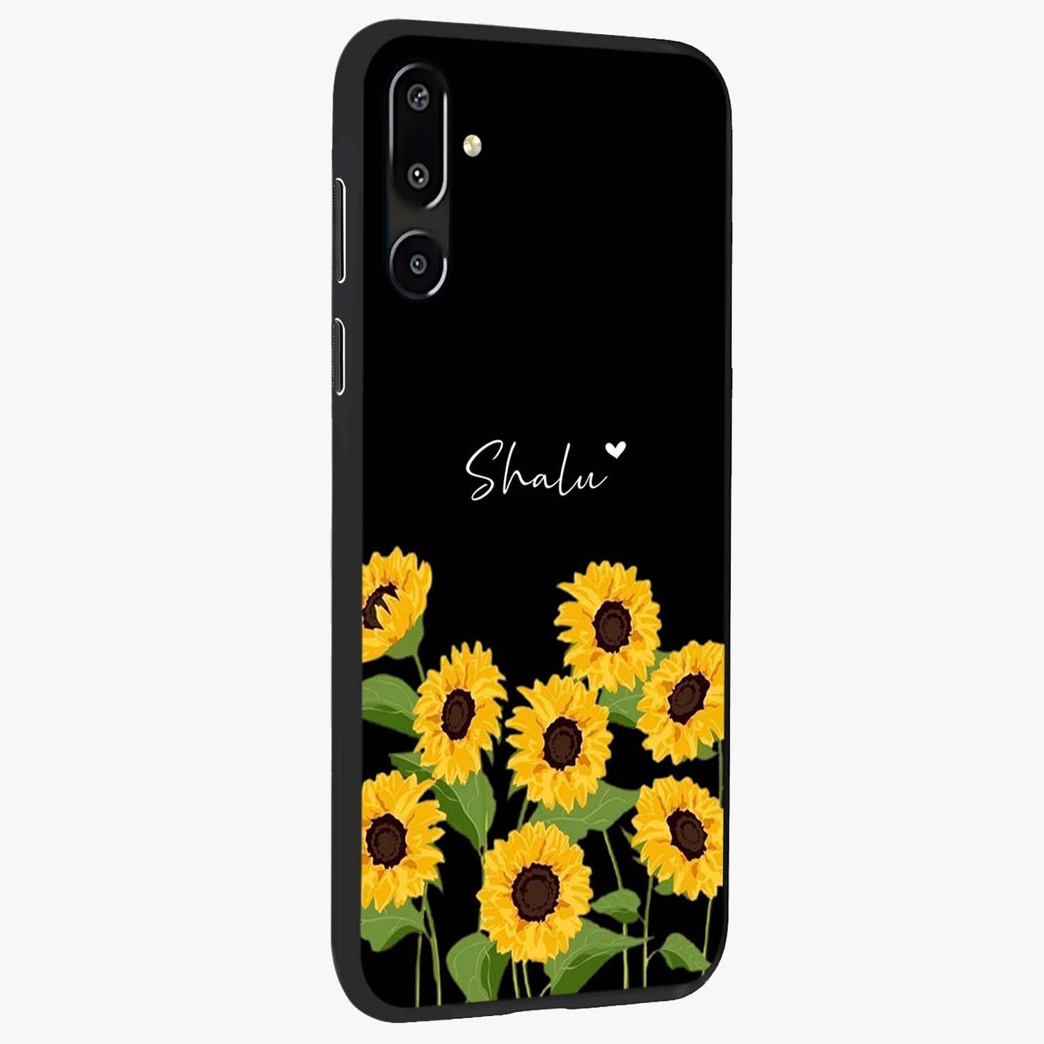 Sunflower Chic Mood Custom Name Glass Case upright view showcasing cheerful sunflower artwork with trendy floral theme.