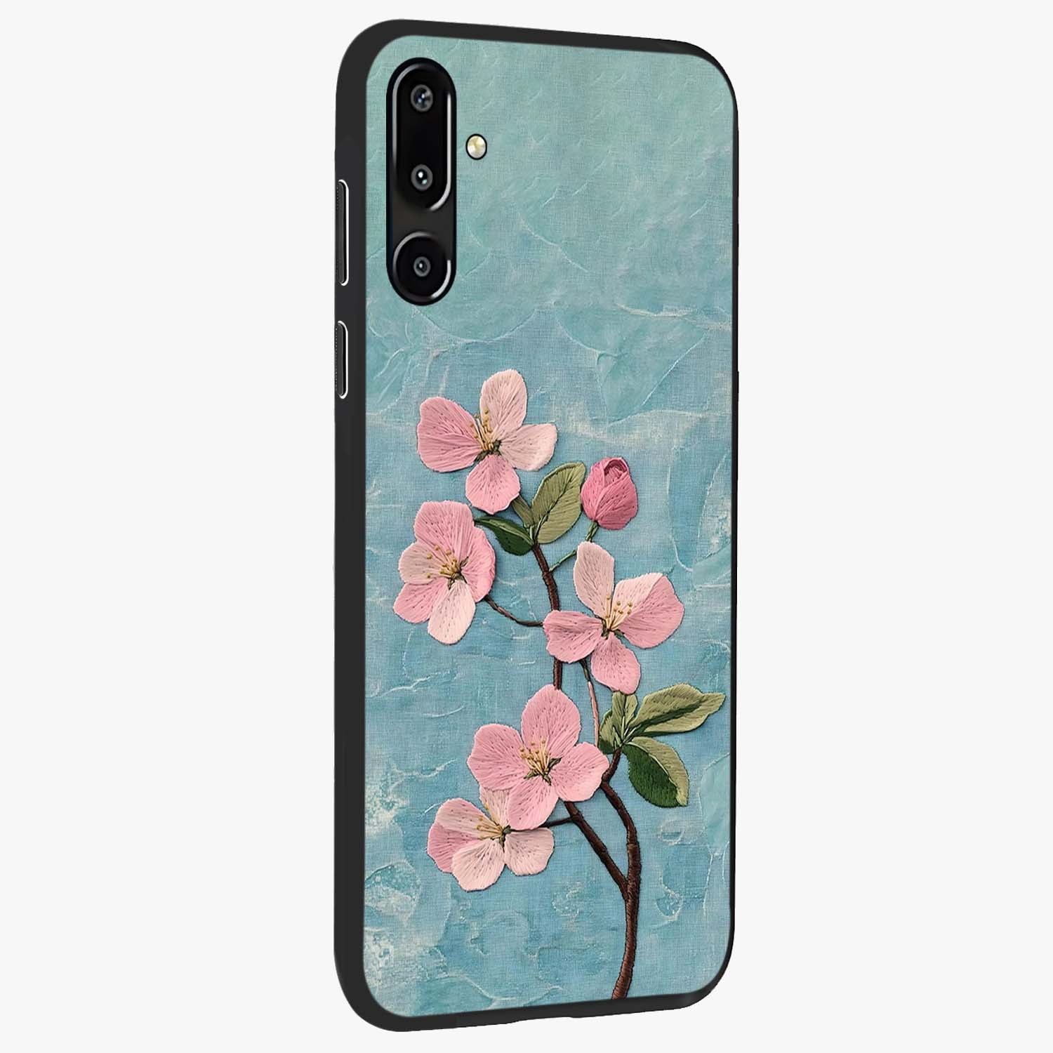 Threaded Blossom Breeze Glass Case upright view showcasing graceful flower artwork with calm botanical theme.