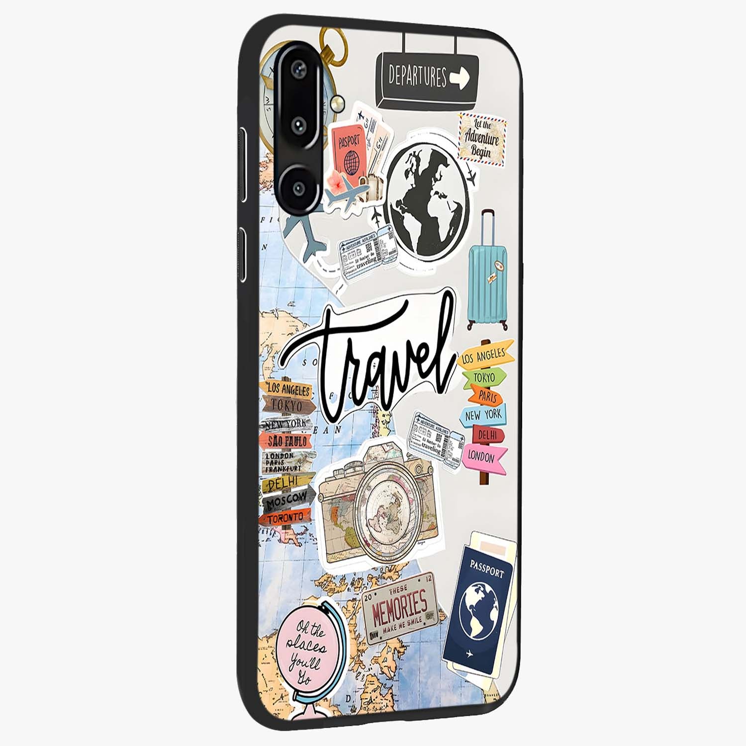 Wanderlust Journal Glass Case upright view showcasing wanderlust inspired artwork with creative exploration theme.