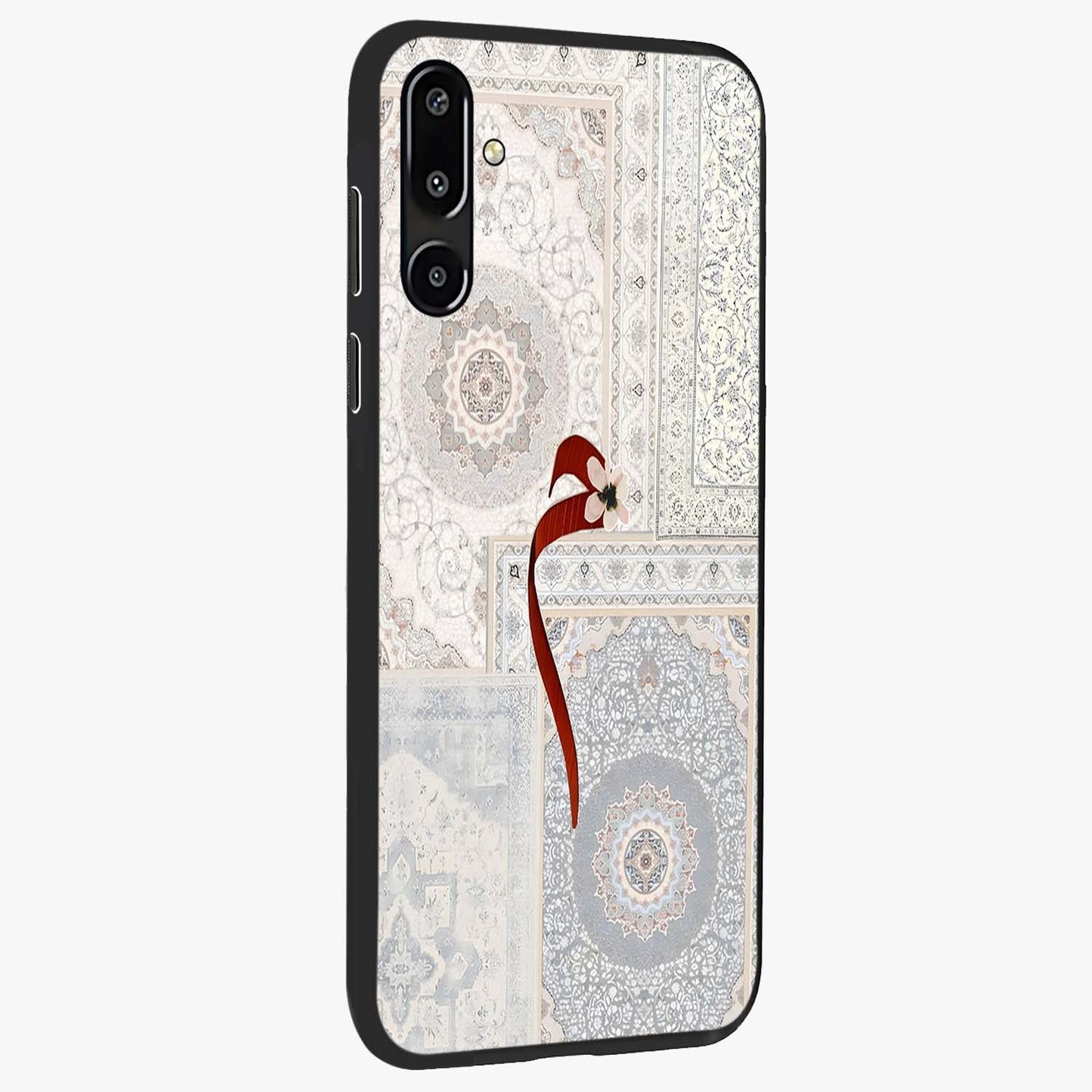 White Aesthetic Bow Glass Case upright view showcasing delicate ribbon bow artwork with cute minimalist theme.
