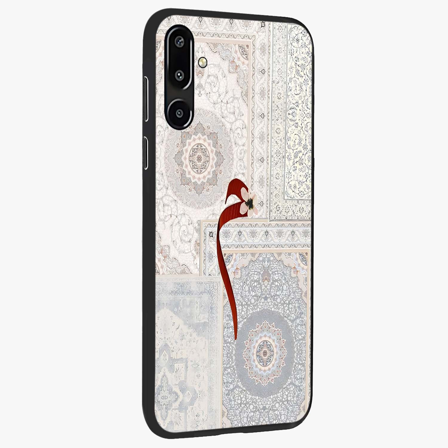 White Aesthetic Bow Glass Case upright view showcasing delicate ribbon bow artwork with cute minimalist theme.