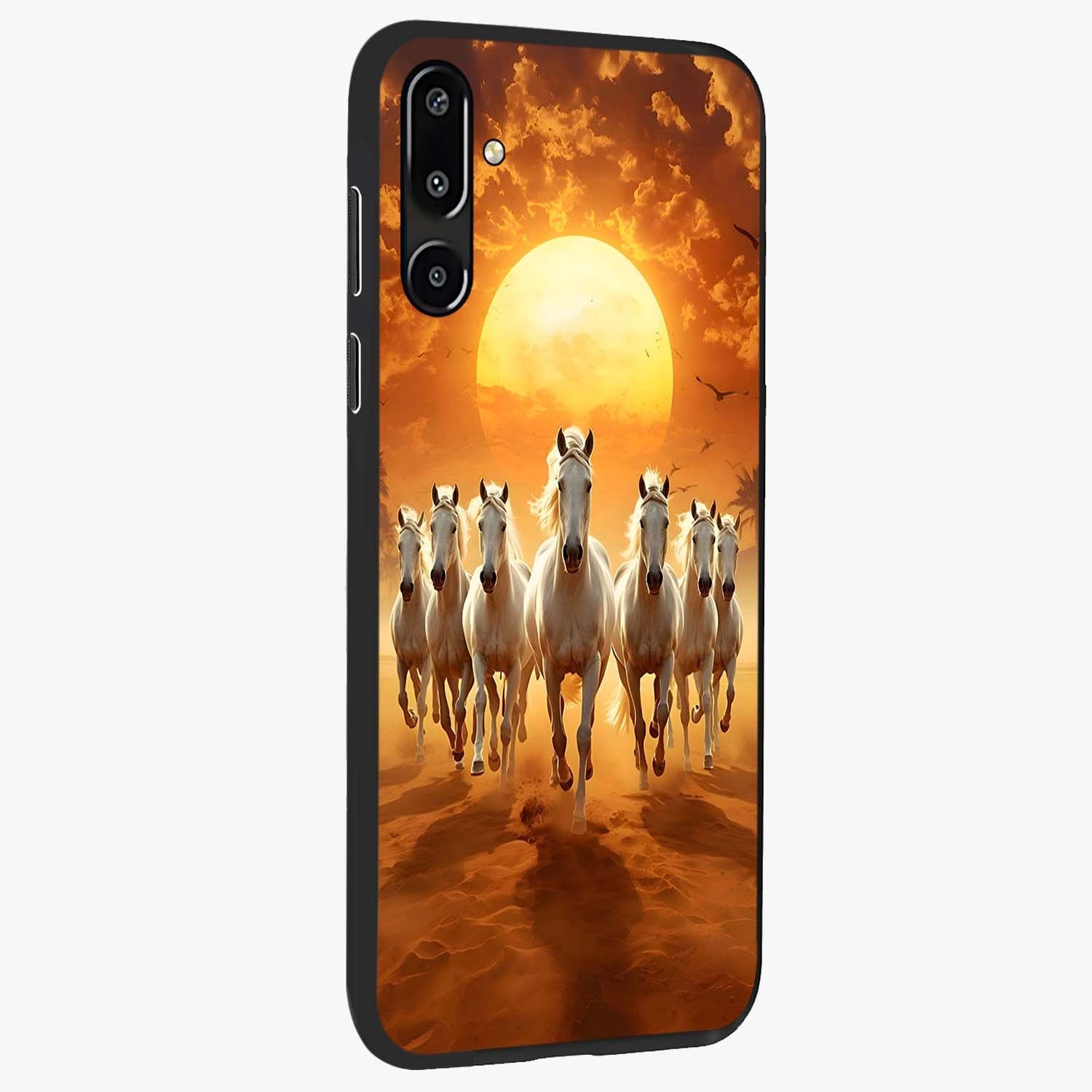 Wild Sunset Majesty Glass Case upright view showcasing dramatic sunset artwork with bold nature theme.