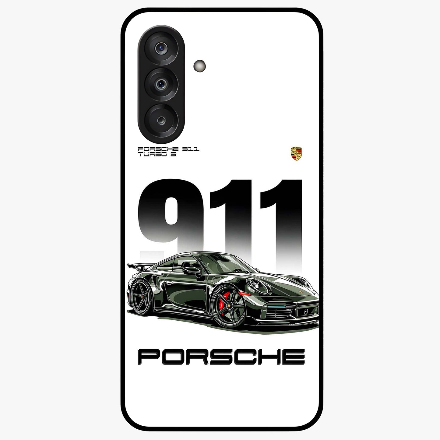 911 Turbo Dominance Glass Case showing clean flat back view with bold 911 sports car artwork and glossy glass finish.
