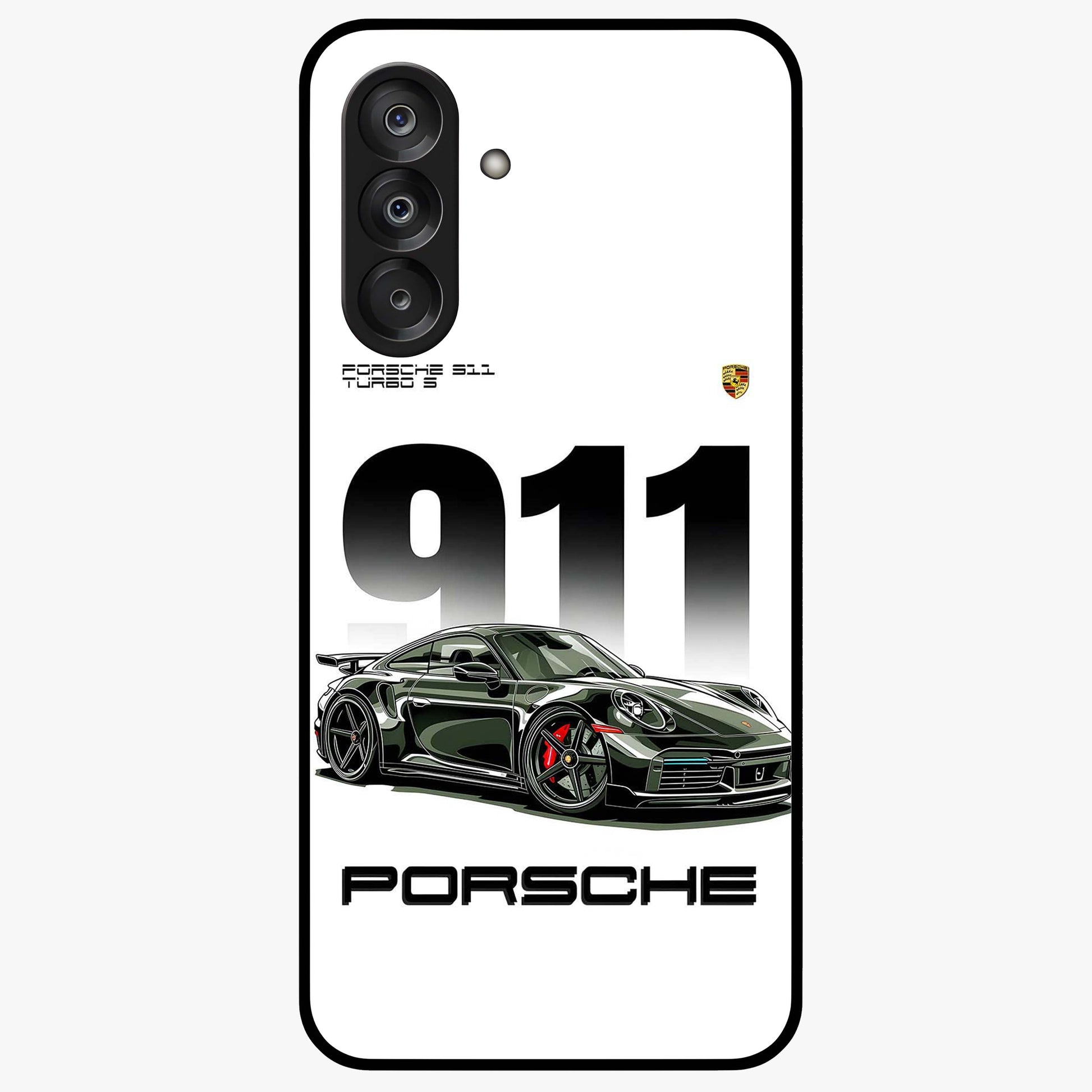 911 Turbo Dominance Glass Case showing clean flat back view with bold 911 sports car artwork and glossy glass finish.