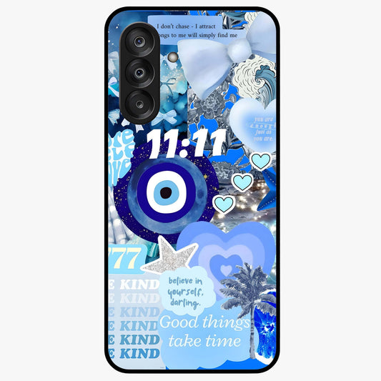 Aesthetic Be Kind Eye Glass Case showing flat back view with motivational eye artwork and glossy glass finish.