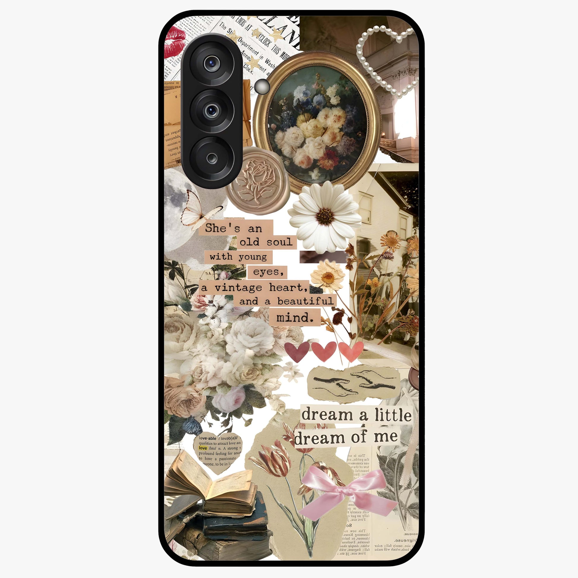 Aesthetic Brown Vintage Collage Glass Case showing flat back view with retro collage artwork and glossy glass finish.