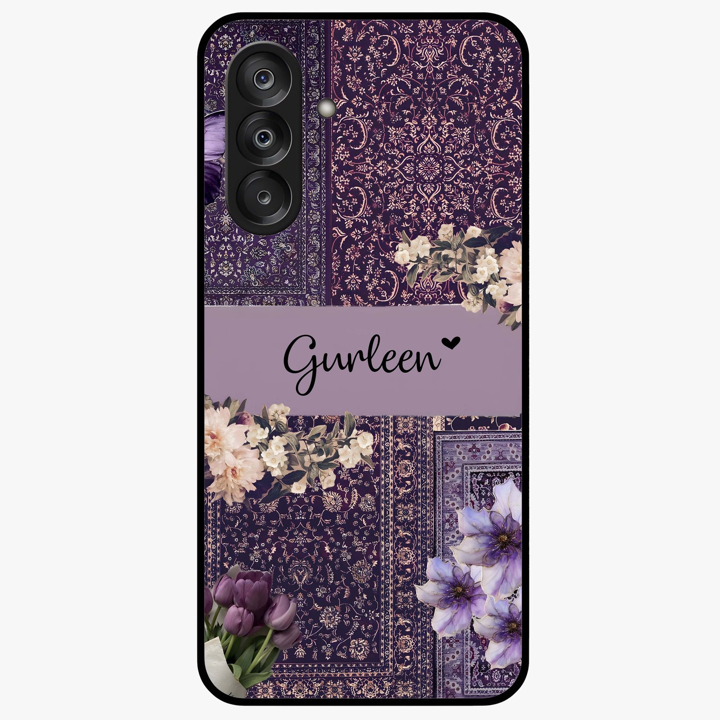 Antique Floral Whisper Custom Name Glass Case showing flat back view with vintage floral artwork and personalized name design.