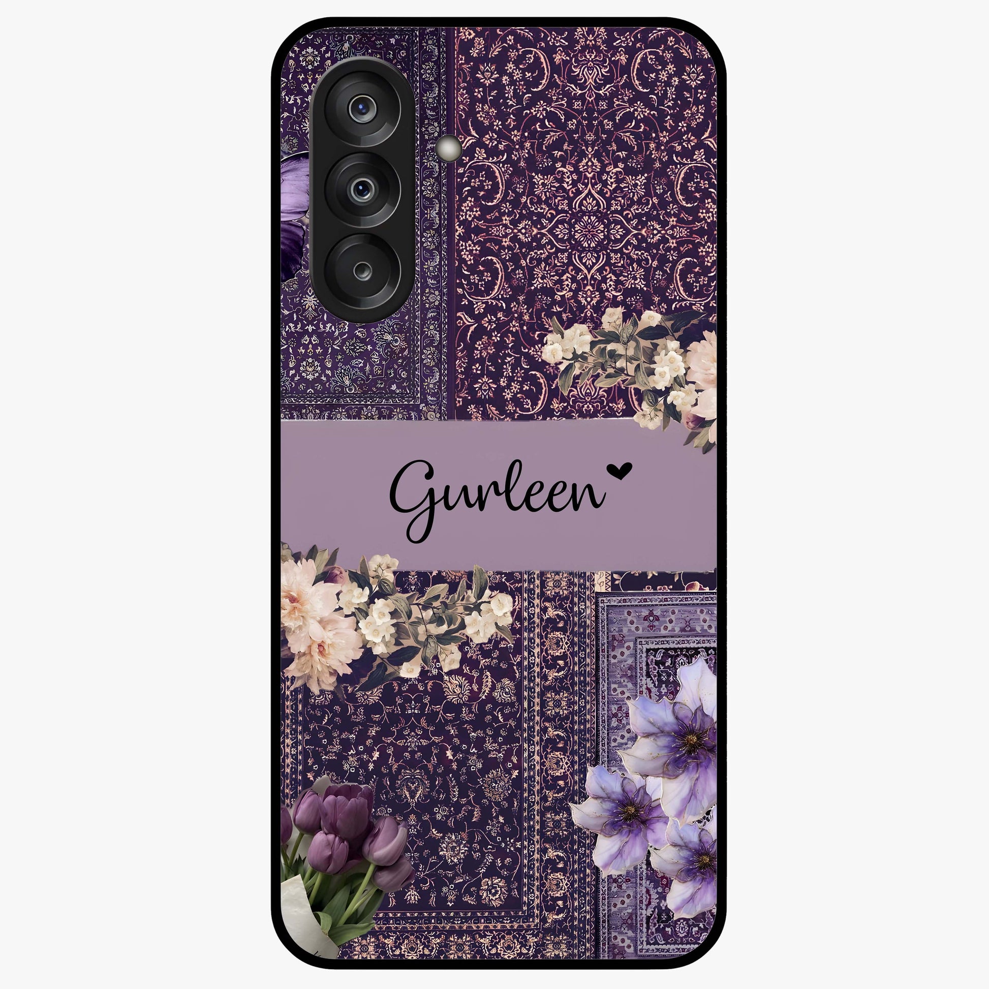 Antique Floral Whisper Custom Name Glass Case showing flat back view with vintage floral artwork and personalized name design.
