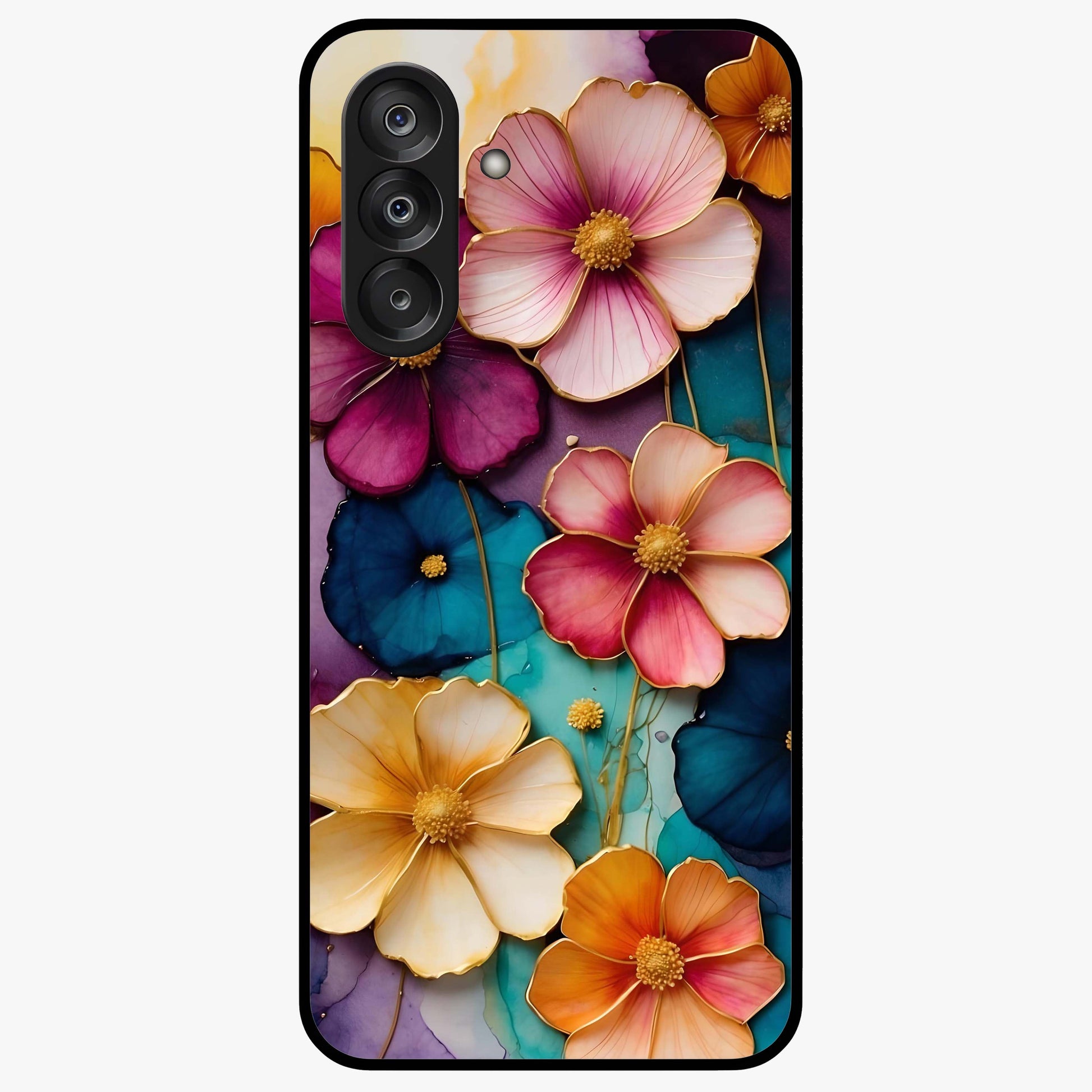Artlyn Grace Flower Pattern Glass Case showing flat back view with elegant floral pattern artwork and glossy glass finish.