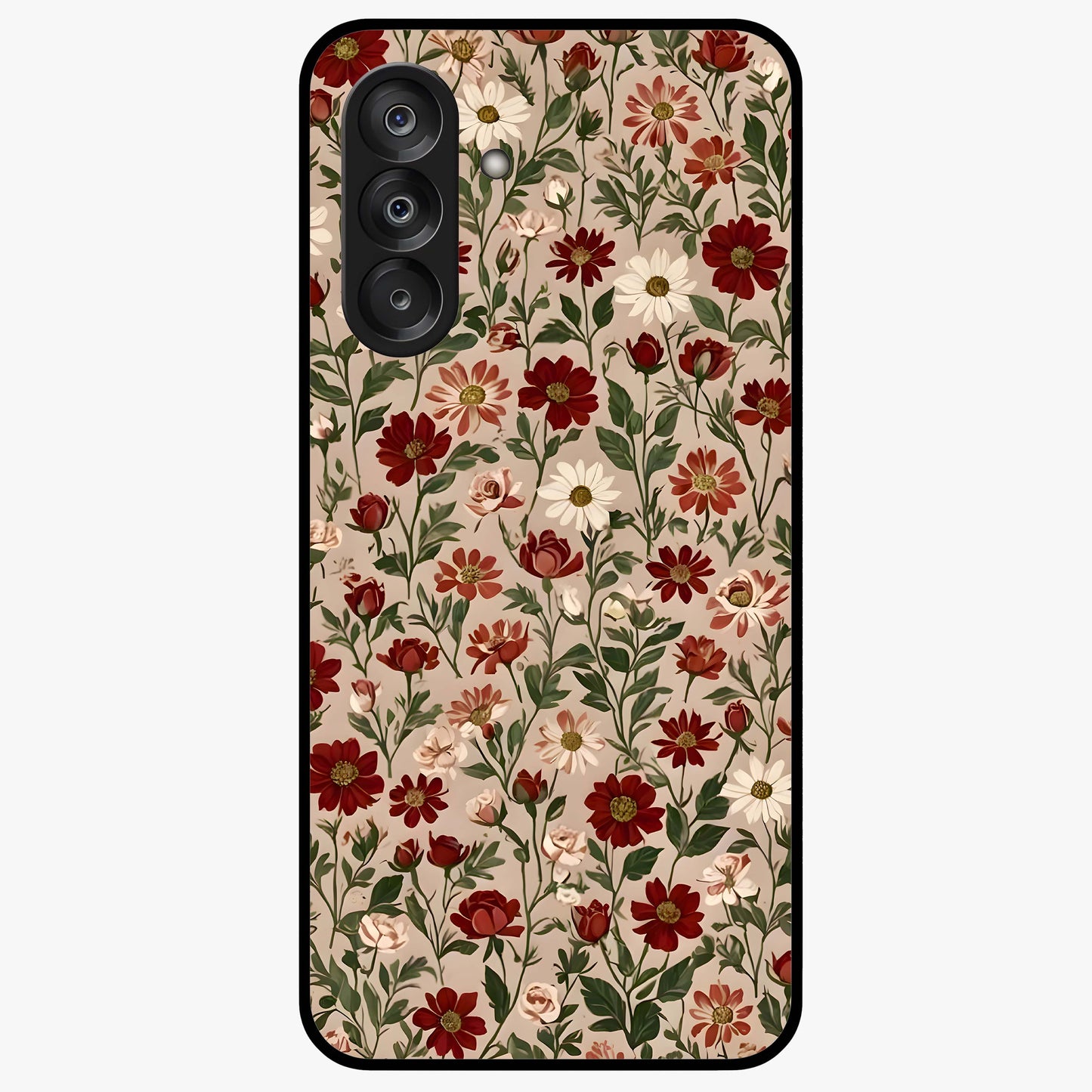 Biege Flower With Leaf Glass Case showing flat back view with soft beige floral artwork and glossy glass finish.
