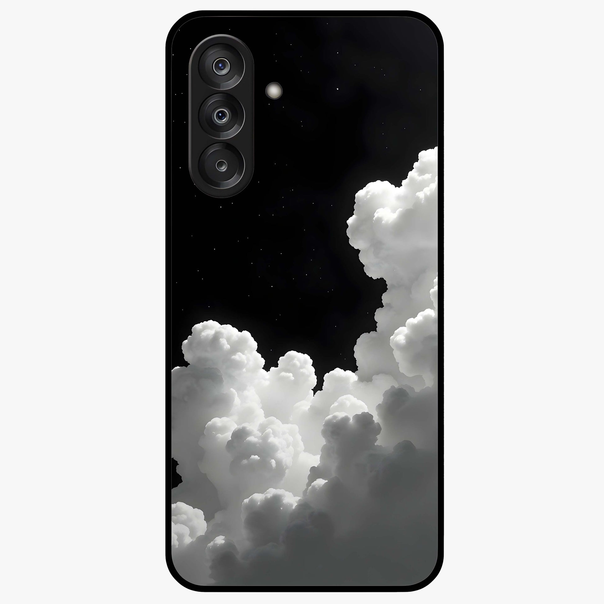 Black Background With White Cloud Glass Case showing flat back view with minimal cloud artwork on dark background and glossy glass finish.