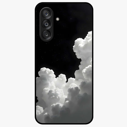 Black Background With White Cloud Glass Case showing flat back view with minimal cloud artwork on dark background and glossy glass finish.