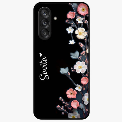 Black Elegance Floral Custom Name Glass Case showing flat back view with elegant floral artwork and personalized name design.