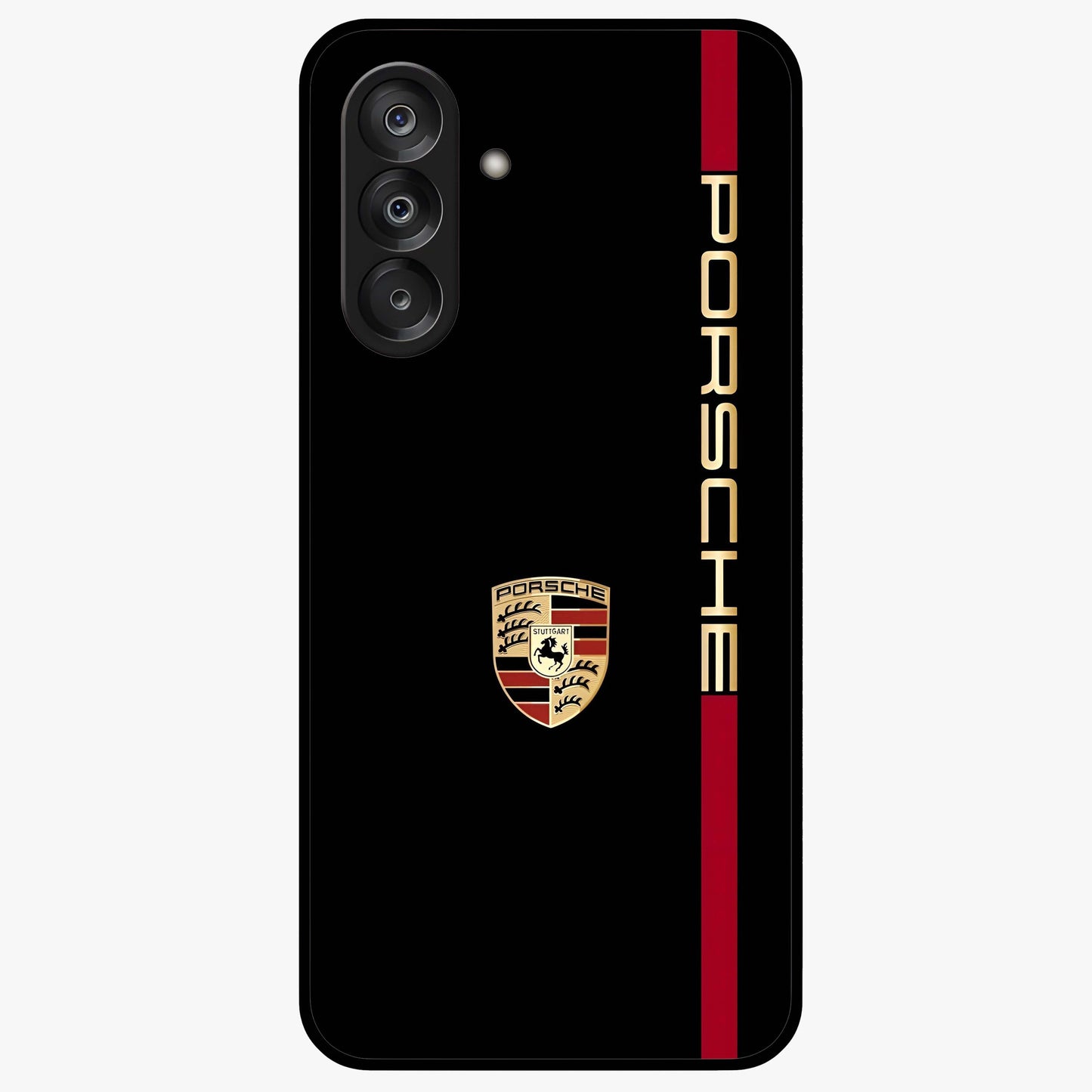 Black Minimal Porsche Glass Case showing flat back view with sleek minimal sports car artwork and glossy glass finish.