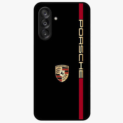 Black Minimal Porsche Glass Case showing flat back view with sleek minimal sports car artwork and glossy glass finish.