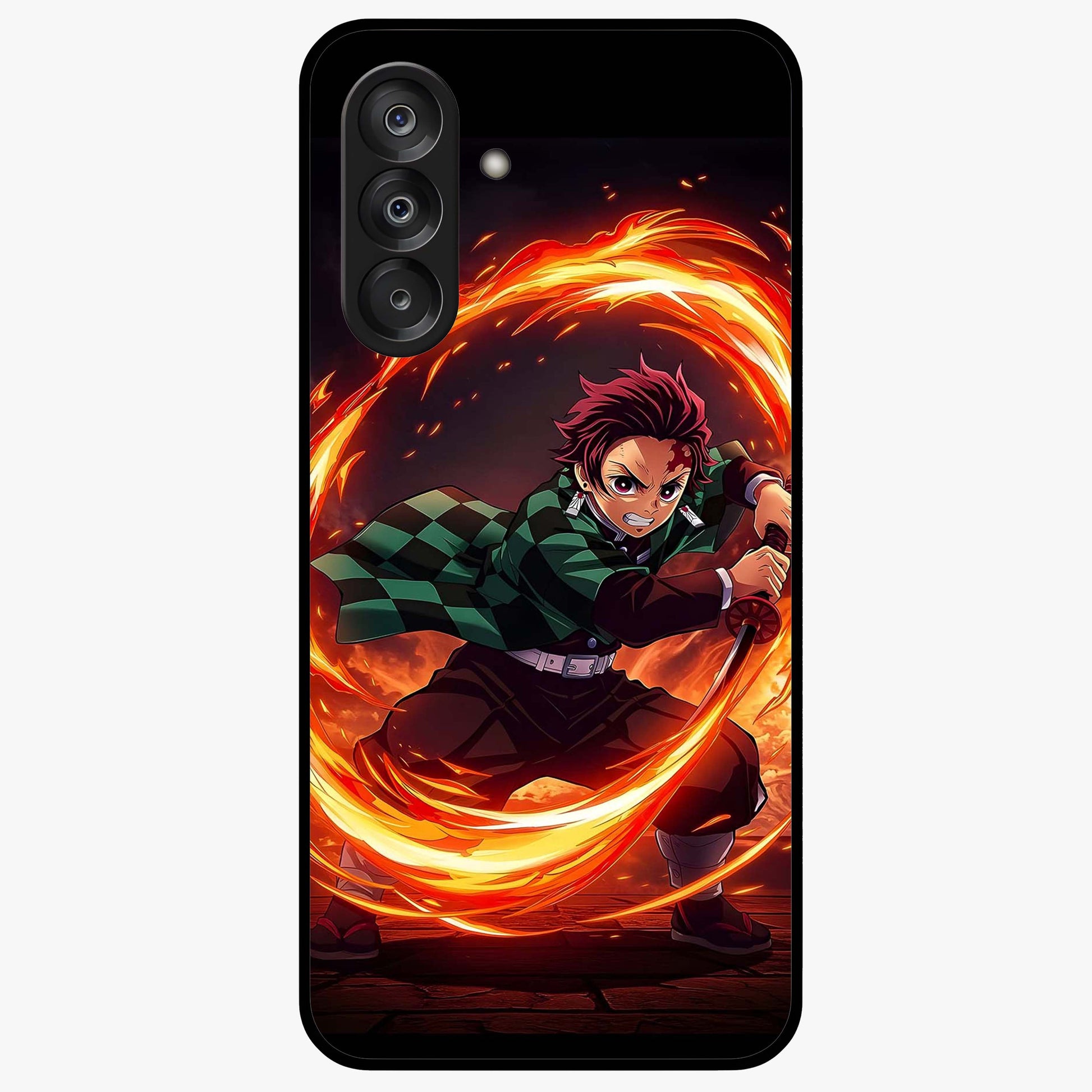 Blazing Sword Resolve Glass Case showing flat back view with fiery sword artwork and glossy glass finish.