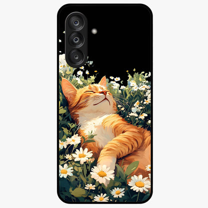 Blissful Bloom Cat Glass Case showing flat back view with cute cat and floral bloom artwork and glossy glass finish.
