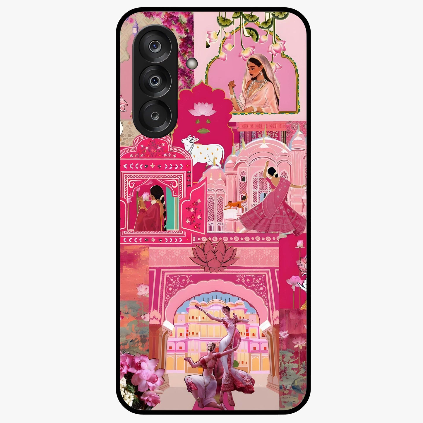 Blossoms of Rajasthan Glass Case showing flat back view with traditional floral artwork inspired by Rajasthan and glossy glass finish.