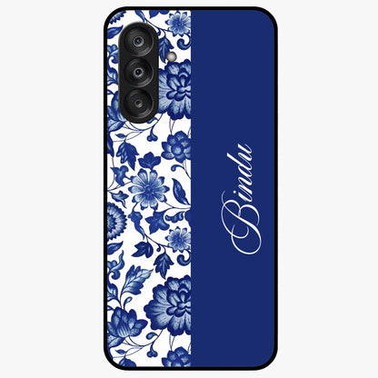 Blue Vintage Floral Pattern Glass Case upright view showcasing timeless floral illustration with vintage inspired style.