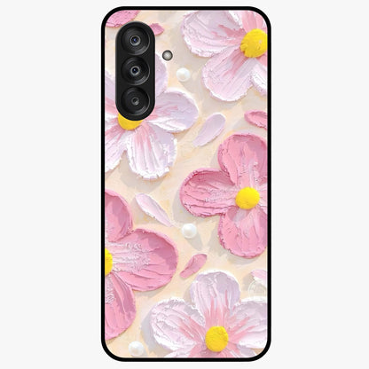 Blush Bloom Texture Glass Case showing flat back view with soft blush floral texture artwork and glossy glass finish.