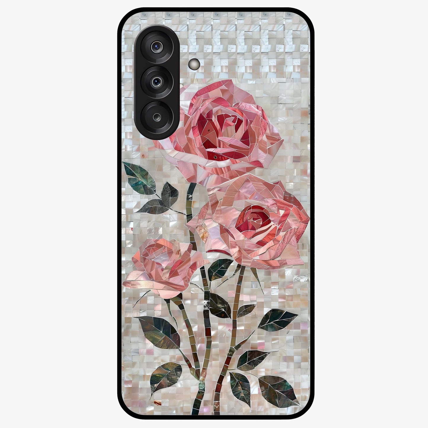Blush Mosaic Bloom Glass Case showing flat back view with mosaic floral bloom artwork and glossy glass finish.