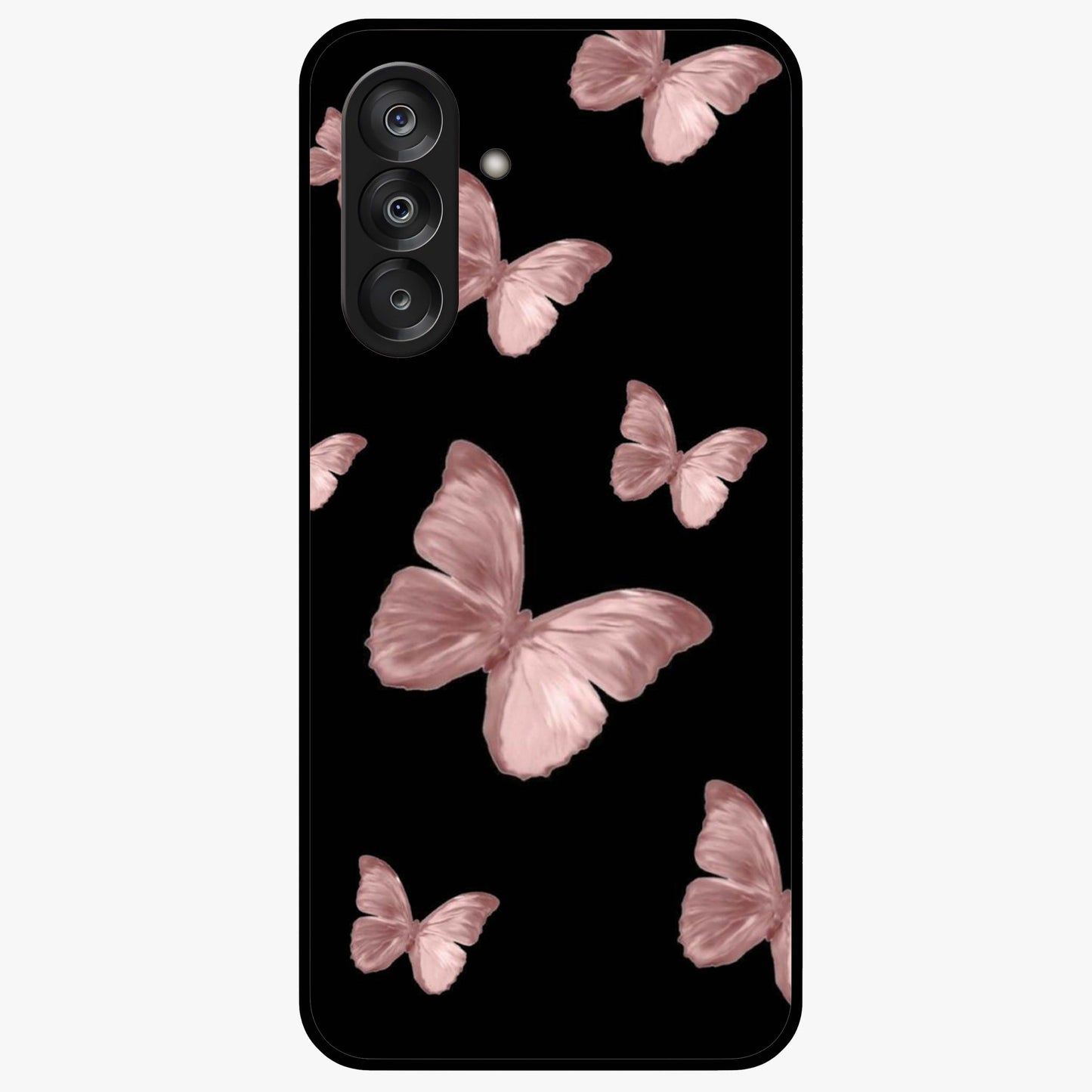 Butterfly Pattern Glass Case showing flat back view with elegant butterfly pattern artwork and glossy glass finish.