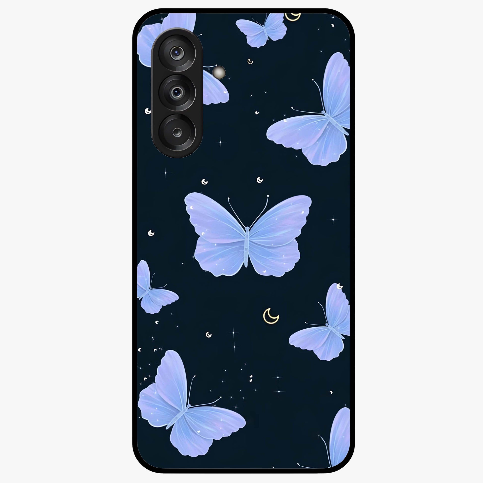 Butterfly With Stars Pattern Glass Case showing flat back view with butterfly and star pattern artwork and glossy glass finish.