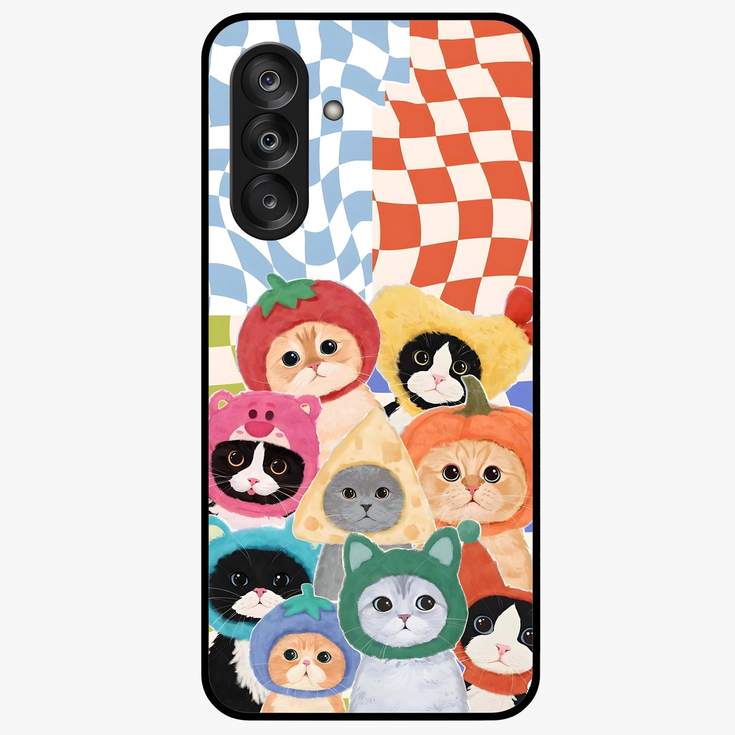 Cats in Fruits Glass Case showing flat back view with playful cat illustrations inside fruit artwork and glossy glass finish.