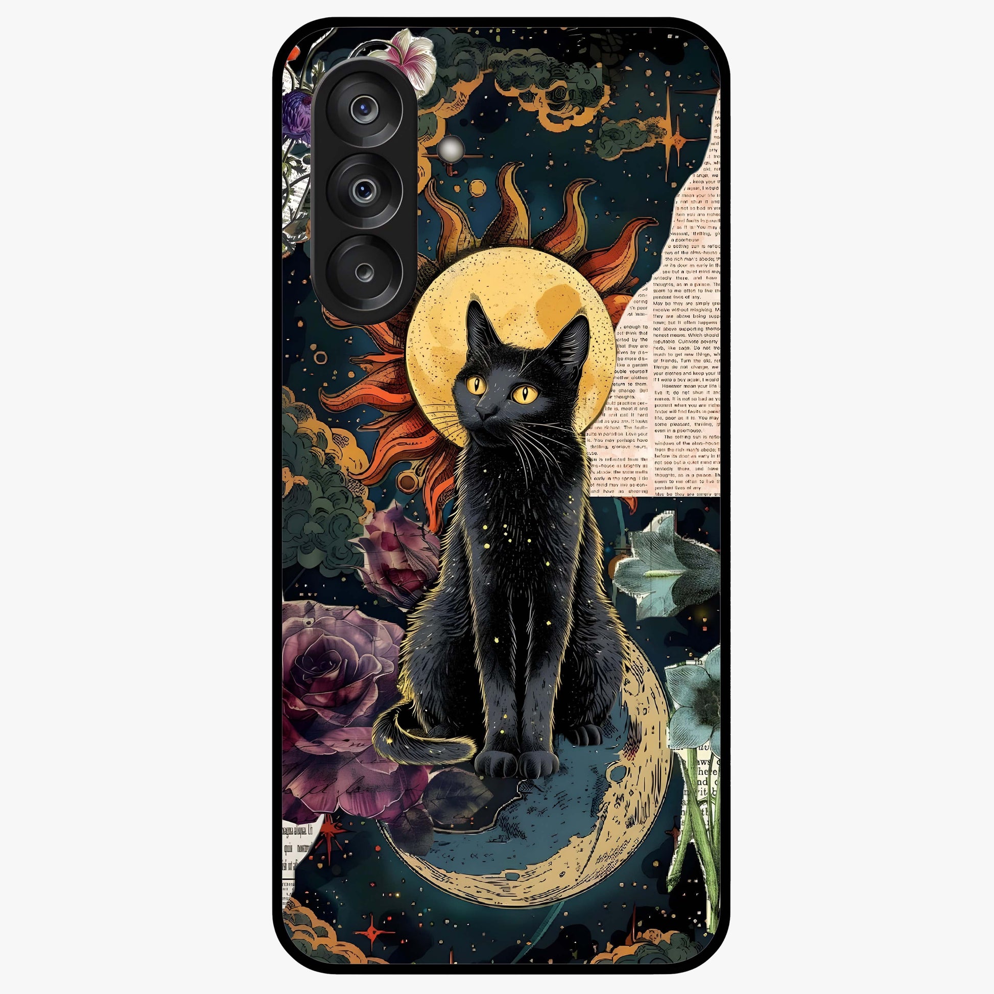 Celestial Black Cat Glass Case showing flat back view with mystical black cat artwork and glossy glass finish.