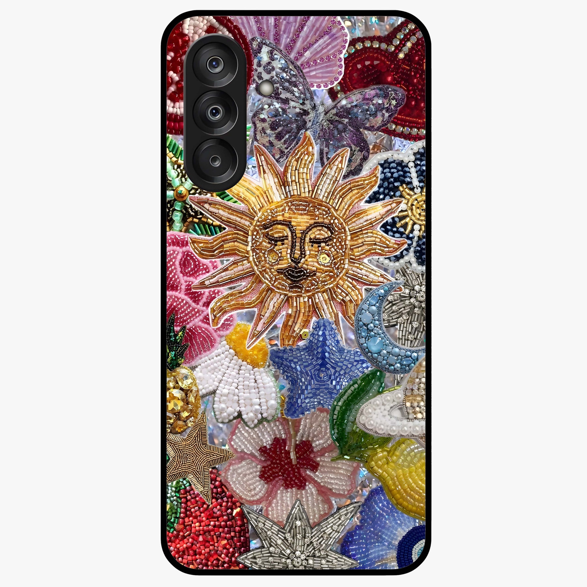 Celestial Floral and Playful Glass Case showing flat back view with floral and celestial themed artwork and glossy glass finish.