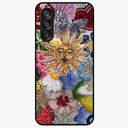 Celestial Floral and Playful Glass Case showing flat back view with floral and celestial themed artwork and glossy glass finish.