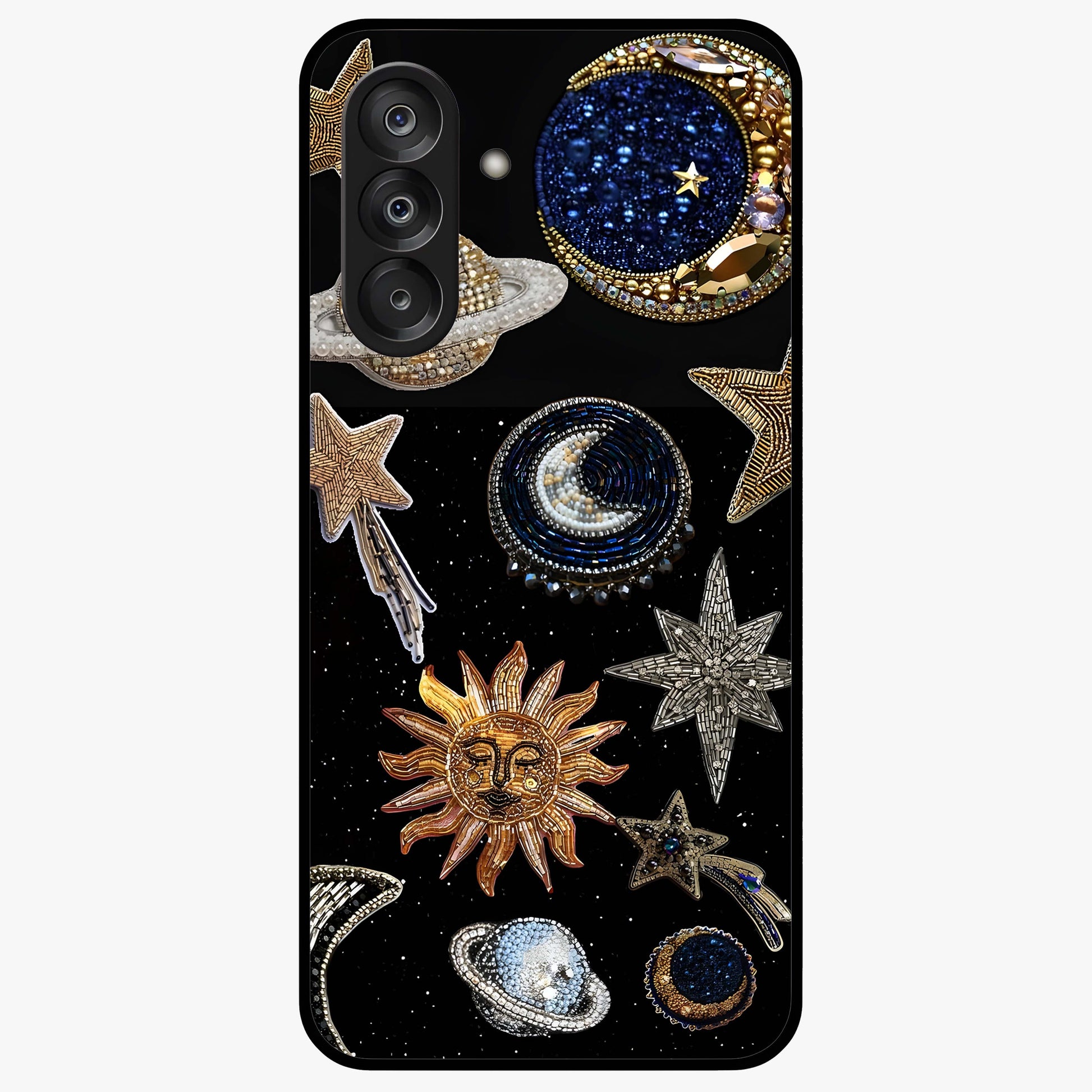 Celestial Gem Constellations Glass Case showing flat back view with sparkling constellation artwork and glossy glass finish.
