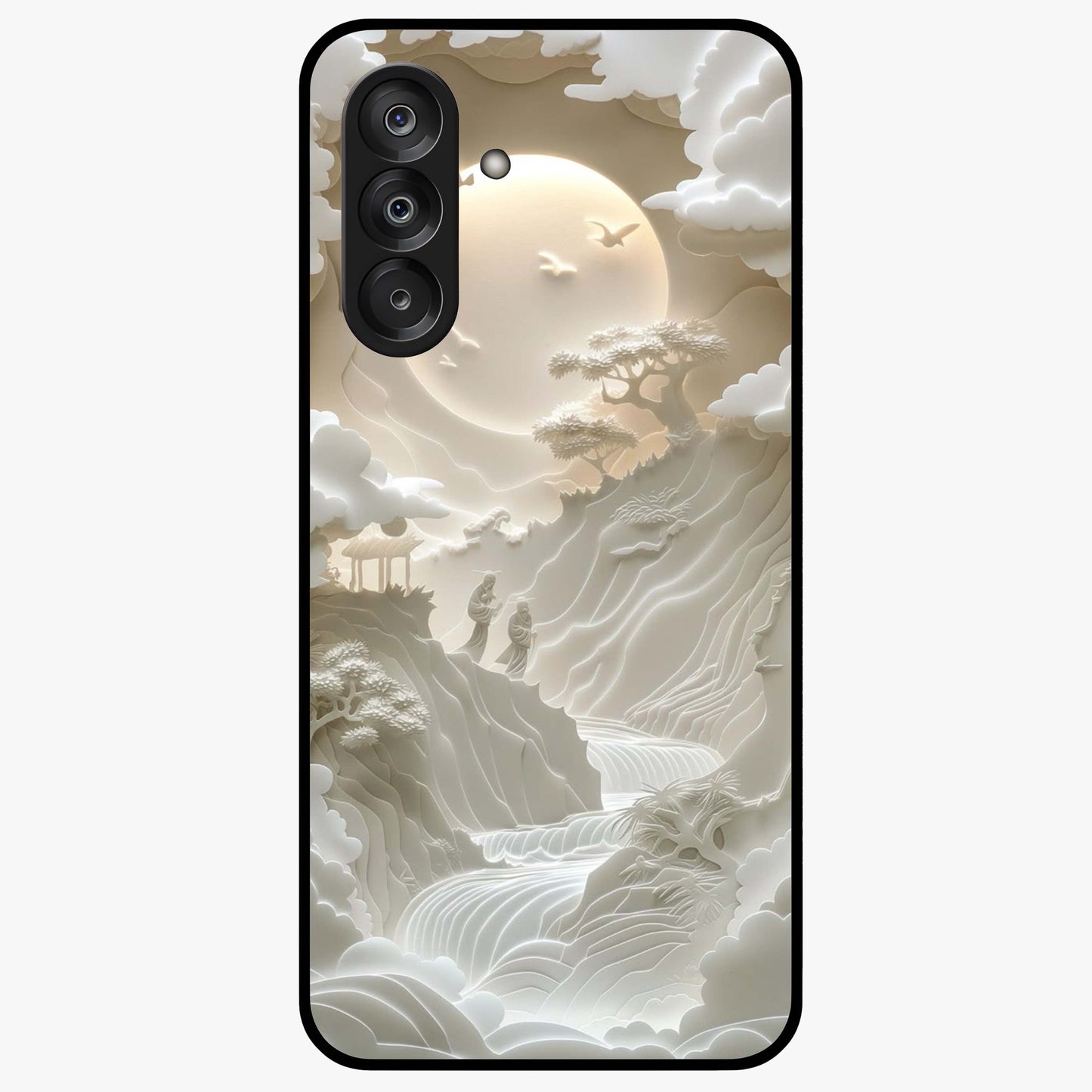 Celestial Origami Glass Case showing flat back view with artistic origami inspired celestial artwork and glossy glass finish.