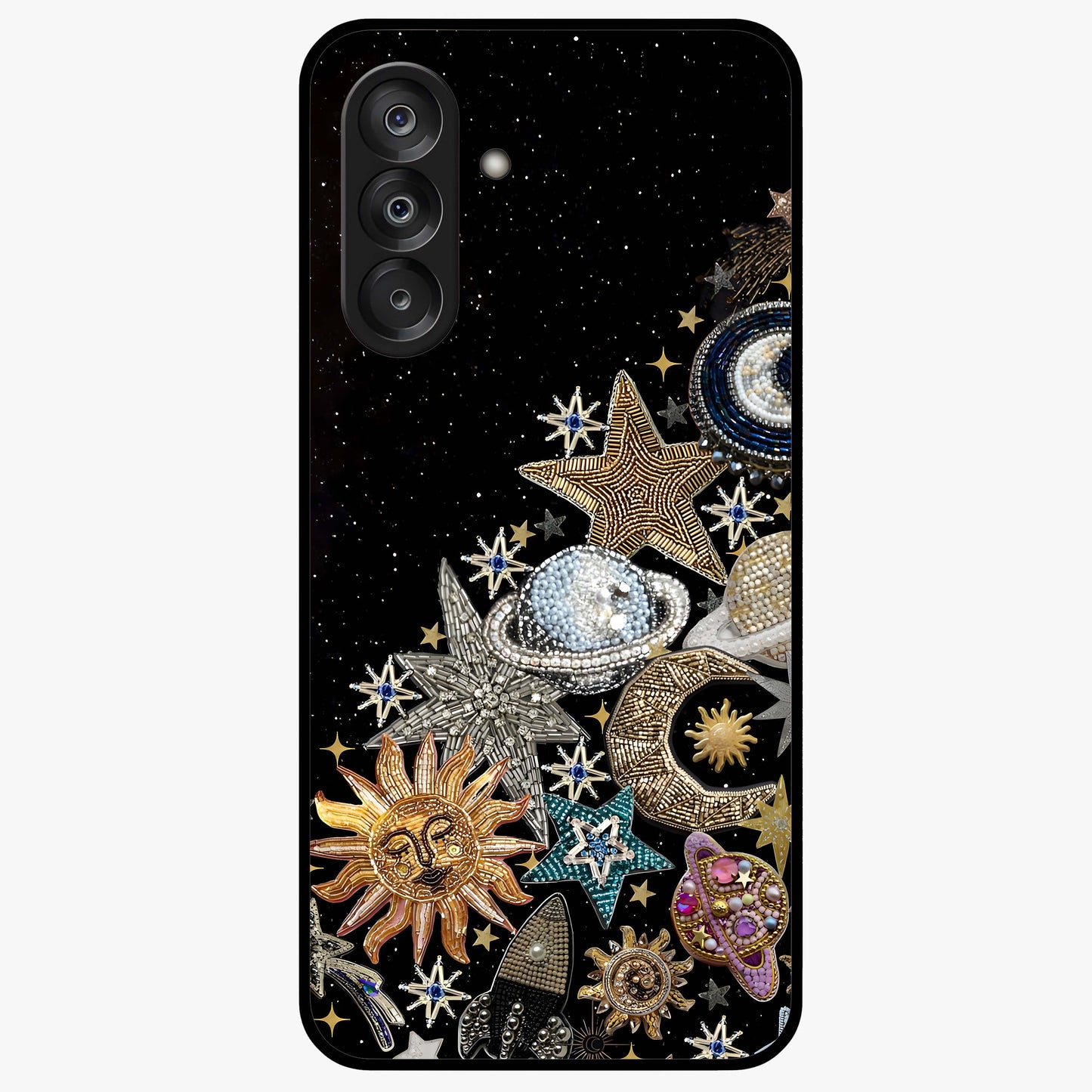 Cosmic Sparkle Dreams Glass Case showing flat back view with sparkling cosmic artwork and glossy glass finish.