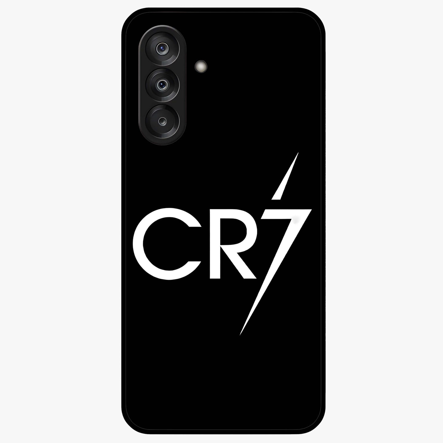Cr7 Elite Strike Glass Case showing flat back view with dynamic football inspired artwork and glossy glass finish.