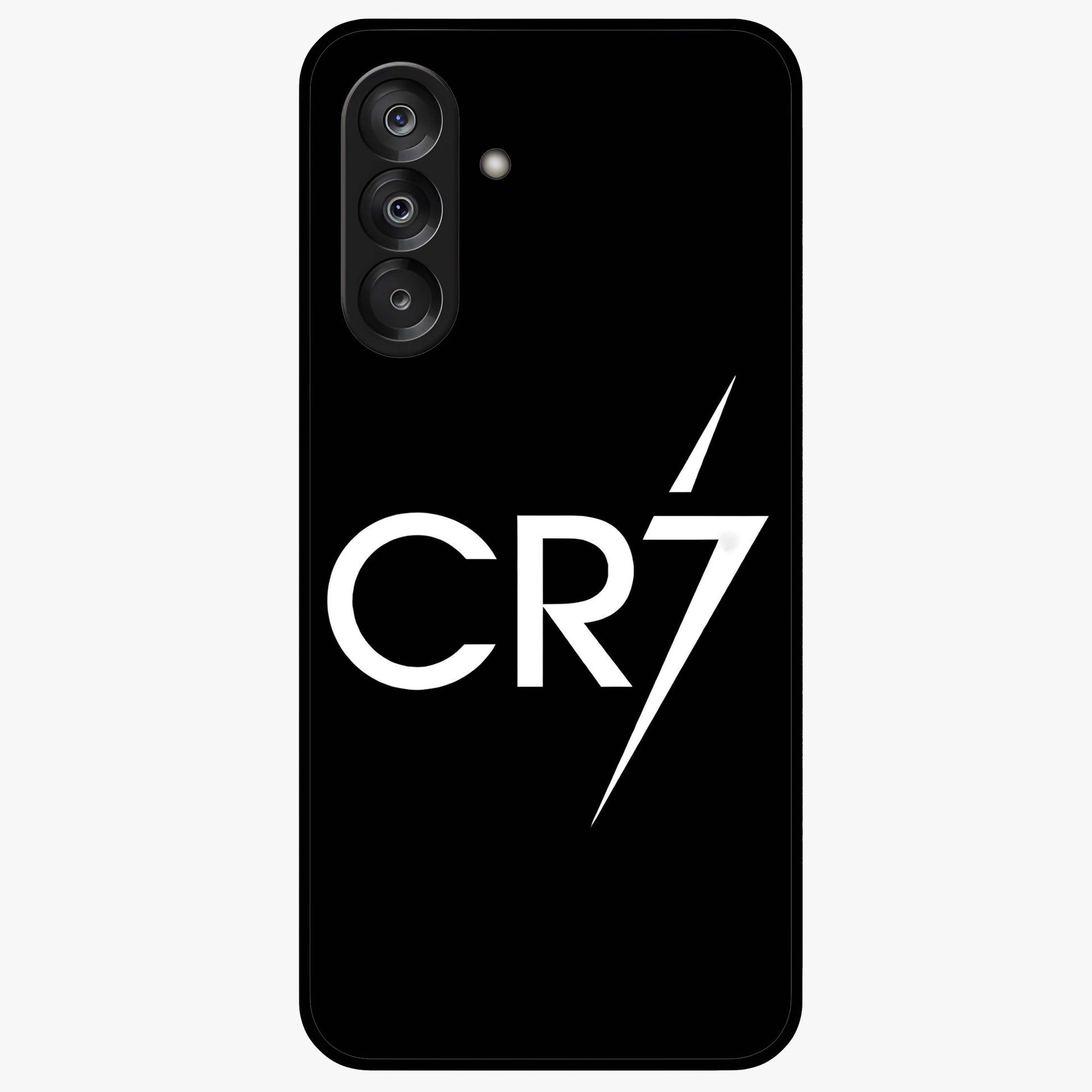 Cr7 Elite Strike Glass Case showing flat back view with dynamic football inspired artwork and glossy glass finish.