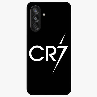 Cr7 Elite Strike Glass Case showing flat back view with dynamic football inspired artwork and glossy glass finish.
