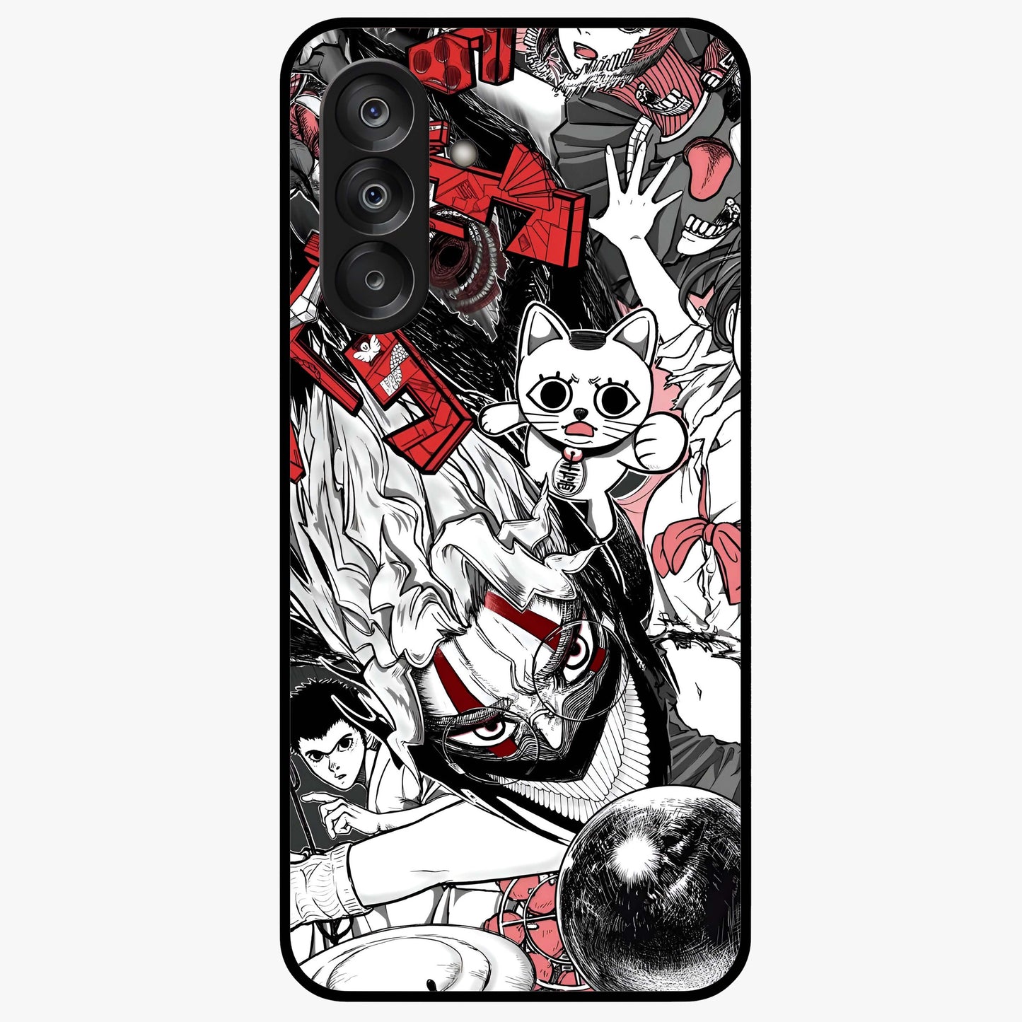 Crimson Chaos Panel Glass Case showing flat back view with bold crimson abstract artwork and glossy glass finish.