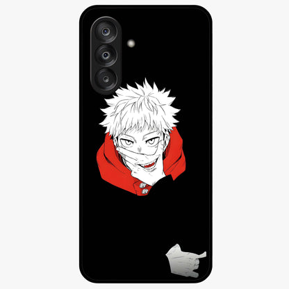 Crimson Chaos Smile Glass Case showing flat back view with bold chaotic smile artwork and glossy glass finish.