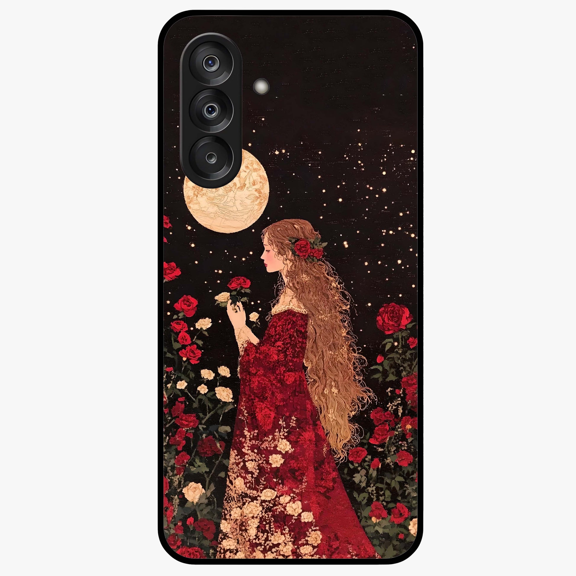 Crimson Dreams Glass Case showing flat back view with dreamy crimson artwork and glossy glass finish.