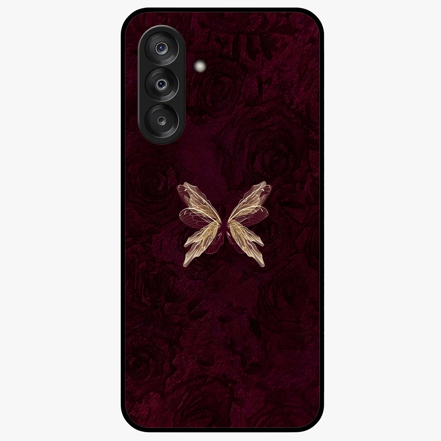 Crimson Fade Butterfly Glass Case showing flat back view with fading butterfly artwork and glossy glass finish.