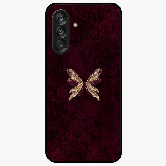 Crimson Fade Butterfly Glass Case showing flat back view with fading butterfly artwork and glossy glass finish.