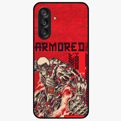 Crimson Mecha Titan Glass Case showing flat back view with powerful mech titan artwork and glossy glass finish.