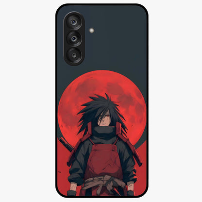 Crimson Moon Warlord Glass Case showing flat back view with mystical moon warrior artwork and glossy glass finish.