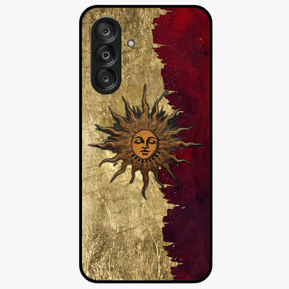 Crimson Sun Majesty Glass Case showing flat back view with radiant sun inspired artwork and glossy glass finish.